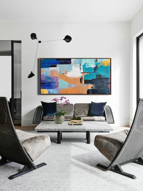 Large Abstract Art Handmade Oil Painting,Horizontal Palette Knife Contemporary Art Panoramic Canvas Painting,Extra Large Canvas Painting,White,Lake Blue,Blue,Black,Earthy Yellow.etc